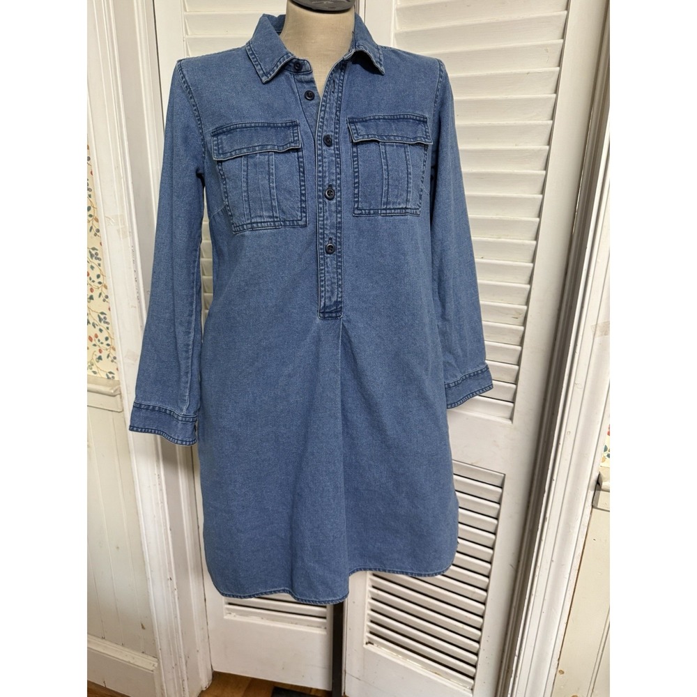 J CREW XSP Chambray Denim Collared Pleat Back Button Front Shift Dress Petite XS
